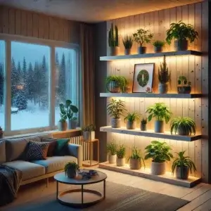 Itse tehty seinähylly kasvivaloilla